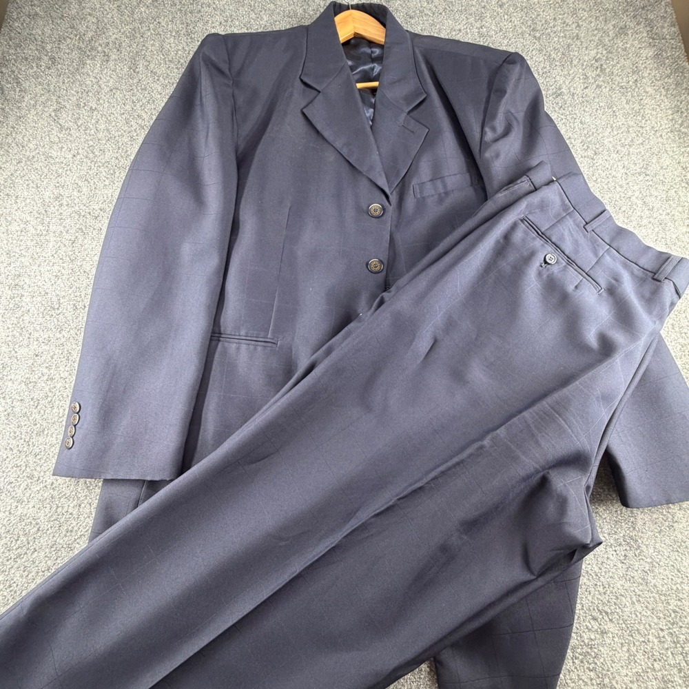 Pontelli Uomo Mens Navy Blue Windowpane 2 Piece Suit Blazer Pants 48L 41/42